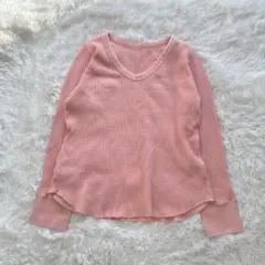 ミラオーウェン〔O〕ワッフル Uネック 長袖カットソー サーモンピンク トップス