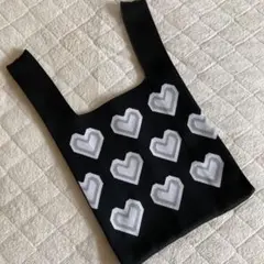 スクエアデザイン ニットトートバック ハート柄　 マルシェバッグ