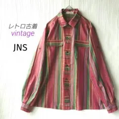 レトロ古着　 JNS マルチカラー ストライプ 長袖シャツカラーブラウス
