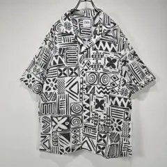 ZARA　オープンカラーシャツ　L　幾何学的　総柄　柄シャツ　ホワイト　リユース
