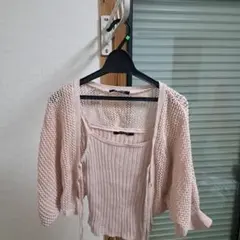 ピンク 鍵編みニット カーディガン オープンフロント