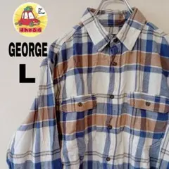 USA古着 GEORGE ネルシャツ　L ブルー　ホワイト　チェック