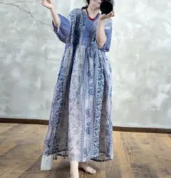 上品 プリントミモレ丈ワンピース 大きいサイズ 七分袖 着痩せ ロングワンピース