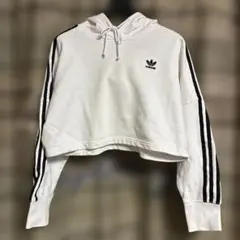 adidas ホワイト ストライプ クロップドパーカー Sサイズ