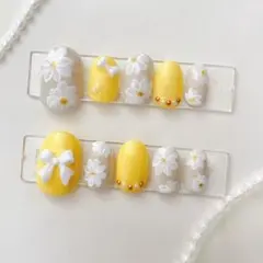 【現品】パステル 黄色 お花 リボン 春 フレンチガーリーネイルチップ