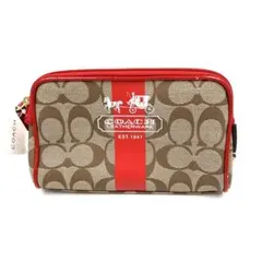 【美品】COACH コーチ シグネチャー ポーチ コスメポーチ ブラウン×レッドのサムネイル
