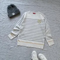 レディース　ニット　ボーダー　丸首　POLO アイボリー　ゴールド刺繍　M