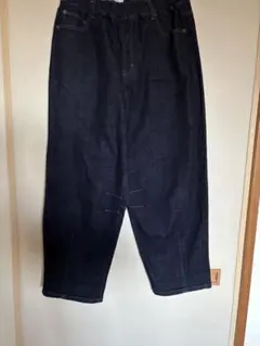 ダークブルー バレルレッグジーンズ カーブワイドパンツ　Wゴム　Lサイズ