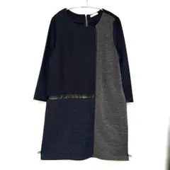 ネイビーとグレーの異素材ミックス長袖ワンピース(チュニック)