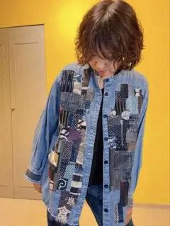 希少45rpm 45r 再び インディゴデニムシャツ パッチワーク 花柄刺繍 L