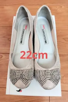 コンポジション9 ベージュ フラットシューズ　リボンビジュー付　22cm