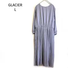 グラシア ワンピースプリーツ ロング丈 ウエスト切替 長袖 バックボタン ブルー