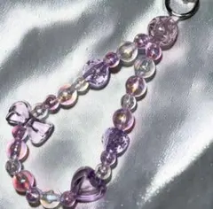 スマホストラップ キーホルダー 紫 クリア リボン 韓国風 ハンドメイド