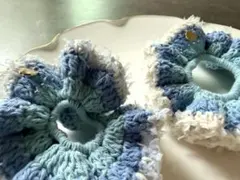 ハンドメイド シュシュ 親子でお揃い かぎ編み ブルー ホワイト