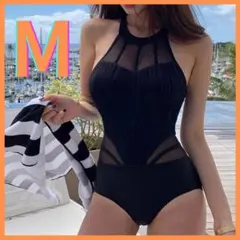 【新品】シースルー×ホルターネック ワンピース 体型カバー 水着 M ブラック