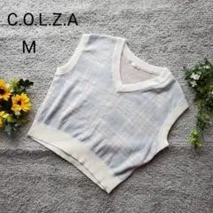 COLZA コルザ チェック柄 ニットベスト M アイスブルー 綿混 春秋