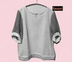 透かし編み五分袖トップス・ストライプ袖