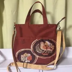 ハンドメイド 帯リメイク和柄刺繍 2WAYトートバッグ ショルダーバッグ レッド