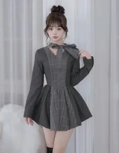 Darich チェックストライプバルーンミニワンピース