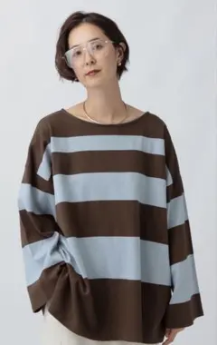LEPSIM 袖ワイドランダムボーダープルオーバー（ブラウン×ライトブルー）