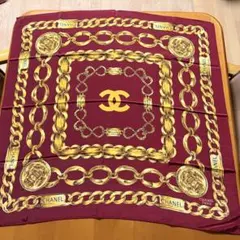 CHANEL カメリア チェーン柄 シルクスカーフ レッド ネイビー - メルカリ