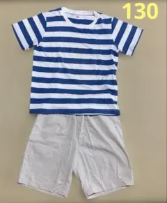 無印　青と白のボーダーTシャツ　ブリーズ　パンツ　130セットのサムネイル