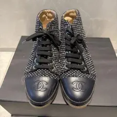 CHANEL 極美品 スニーカー ココマーク パール ツイード 黒 紺 37 箱 