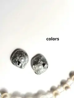 I　ハンドメイドピアスイヤリング　レジン　グレー　シルバー　パール　ビジュー