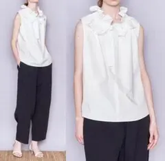 美品》アルアバイル☆CU/Cツイルラッフルカラーノースリーブブラウス 