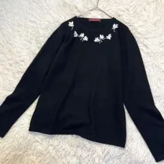 クロージングコレクション ニット 花刺繍 丸首 プルオーバー ニット 黒