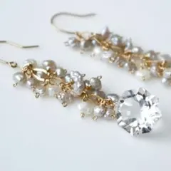 K10YG 淡水パール クォーツ コンケーブ ピアス