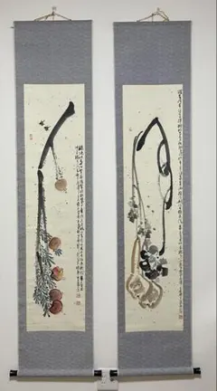 掛け軸 二幅対 水墨画 花鳥画 日本画 掛け軸 二幅対 水墨画 花鳥画 日本画 - メルカリ