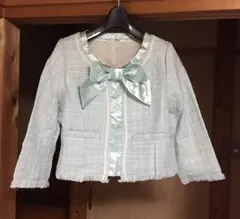 未使用、ミントグリーン色のノーカラー ツイードジャケット