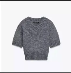 ZARA グレー Vネック 半袖ニット Lサイズ