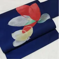 【f136】【良品特価】名古屋帯 八寸 青 紺 藍色 花柄 華 夏 単衣