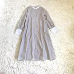 バンドカラー シャツワンピース ロングワンピース ストライプ ベージュ