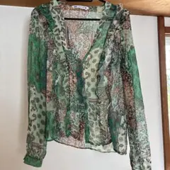 ZARA ペイズリー柄 長袖ブラウス グリーンのサムネイル