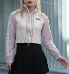 【HOOK】for girls レーシング風ショート丈ニットブルゾン　ピンク