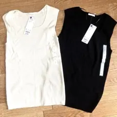 新品　GU 2色セット　リブスクエアネックニットタンクトップ Sサイズ　白黒