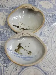 保管品★　ヴィンテージ　大きな貝の焼き物　絵柄付き　インテリア　飾り皿