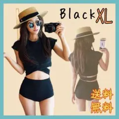 ハイウエスト セパレート 水着 ビキニ 半袖 体型カバー 黒 レディース 韓国