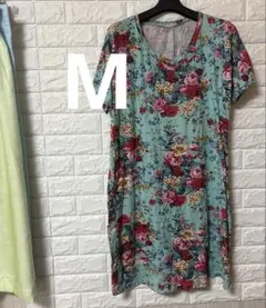 海外古着✨　花柄　ミントグリーン　半袖　ワンピース 【M】　ブルー