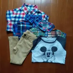 子供服★ミッキーマウスロンT.チェックシャツ3点.ボトム★5点セットまとめ売り