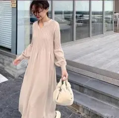 ベージュ ニットワンピース 長袖 プニットワンピース リブニットワンピース
