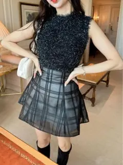 GRL インパン裏地付きチェック柄フレアミニスカート[tu1028] ブラック