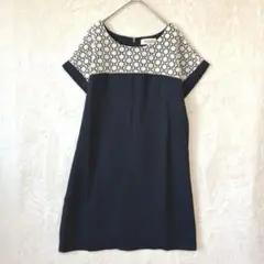 SOUP スープ／ワンピース 半袖 M レース 切り替え ひざ丈 上品 紺