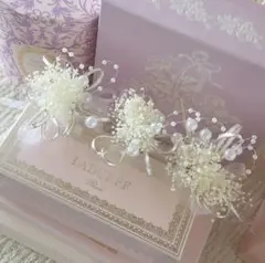 かすみ草とパールリボンの髪飾り3点セット卒業式髪飾り結婚式成人式髪飾り和装髪飾り