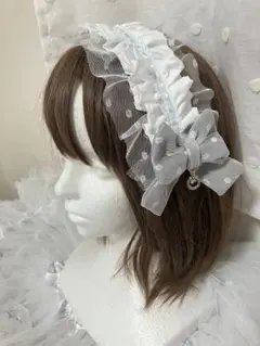 ハンドメイド一点もの　グレーリボンふりふりドットヘッドドレス