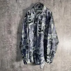 総柄シャツ シルク100% アート柄 レトロ 高配色 ゆるだぼ 雰囲気抜群 古着
