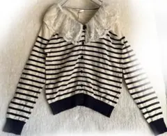 レトロガールストライプ柄レース襟長袖カーディガンM ボーダー